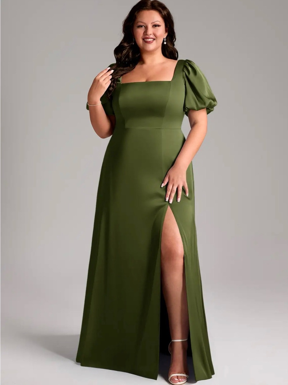 Azazie Fyona Olive Green Square Neck Puff Sleeve Dress